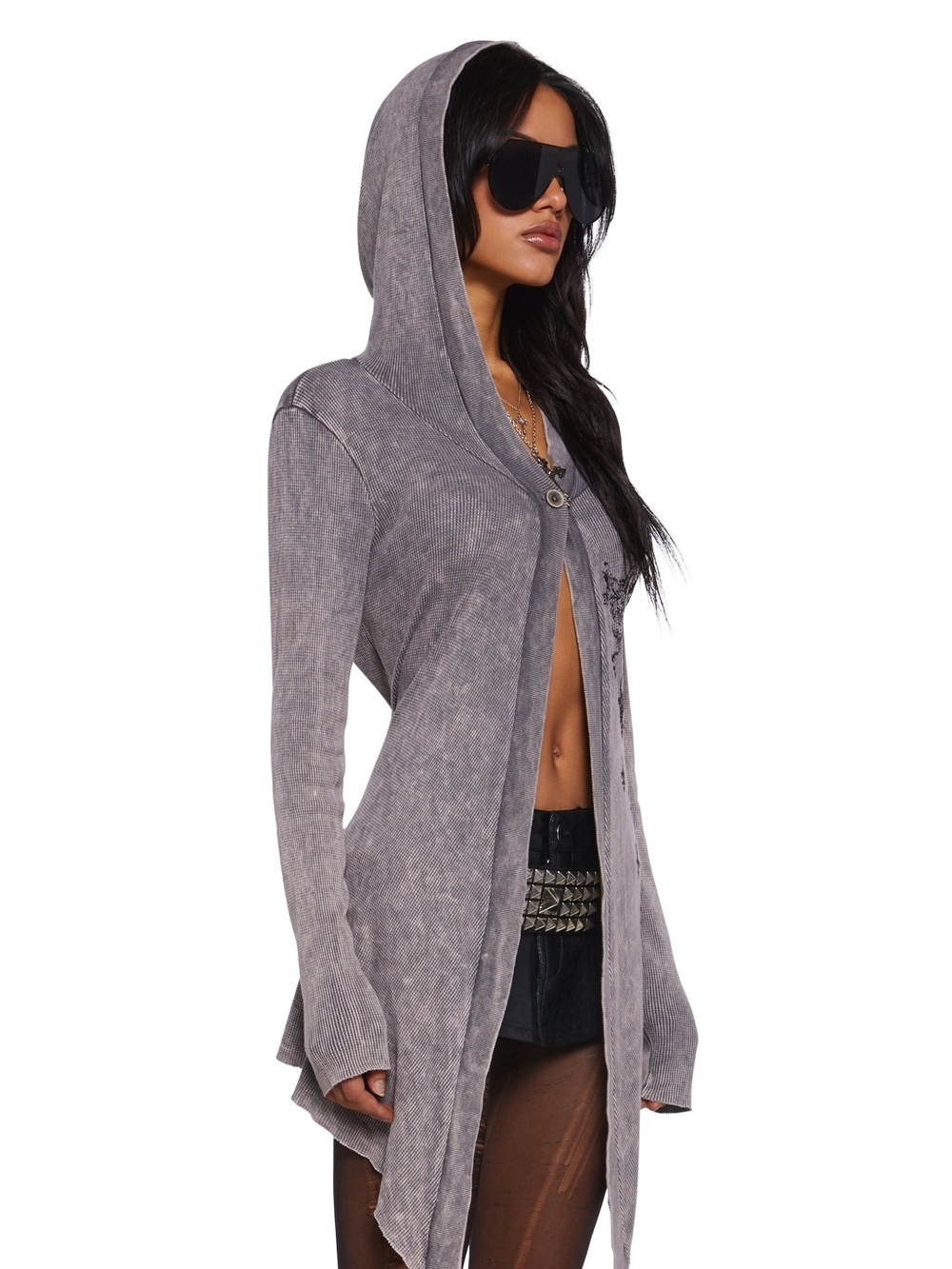 Vocal USA Hooded Waffle Knit Cardigan Rhinestone Embellished - Picture 7 of 7